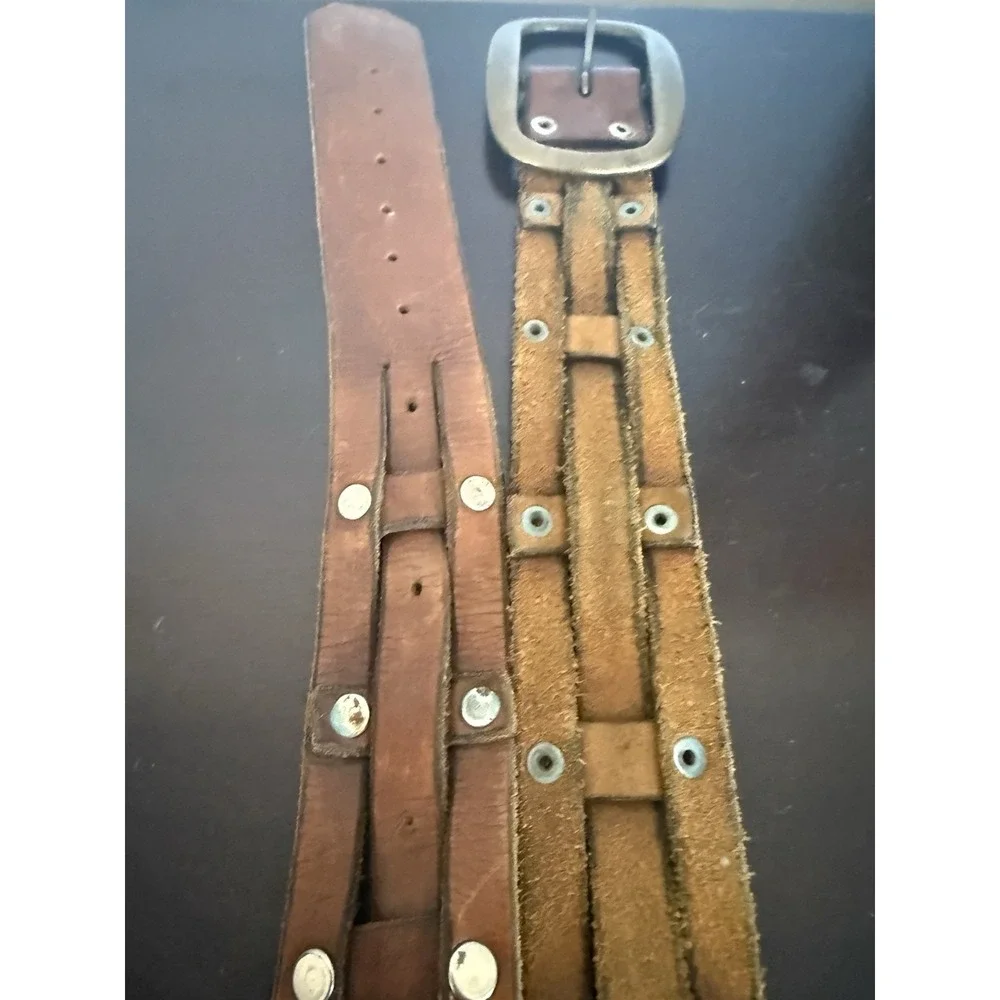 Vintage Unisex Brown Silver Leather Pin Buckle Casual Waist Belt 44-in Long